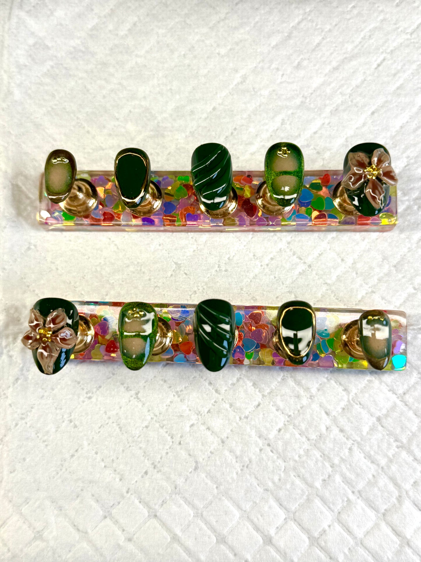 Emerald Bloom Press-On Nail Set – 3D Floral & Deep Green Elegance