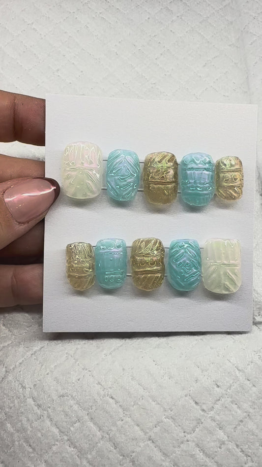 Iridescent Stained Glass Press-On Nail Set – Pastel Shimmer & Textured Glow