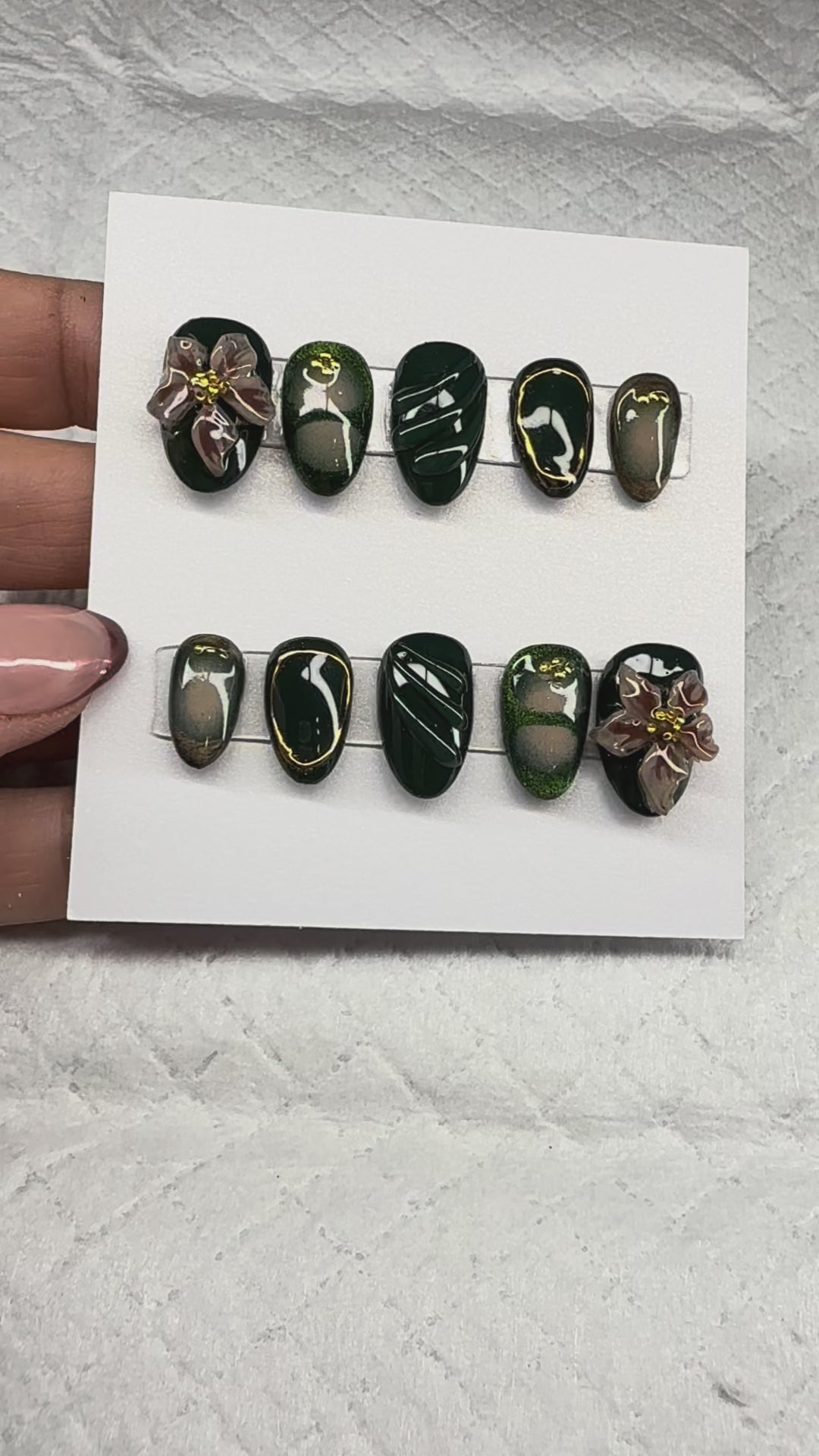 Emerald Bloom Press-On Nail Set – 3D Floral & Deep Green Elegance